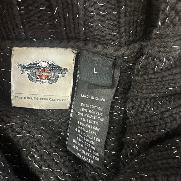 Harley Davidson Black/Silver Cotton Knit Sweater Zip Cardigan Embroidered, Large - Picture 9 of 9